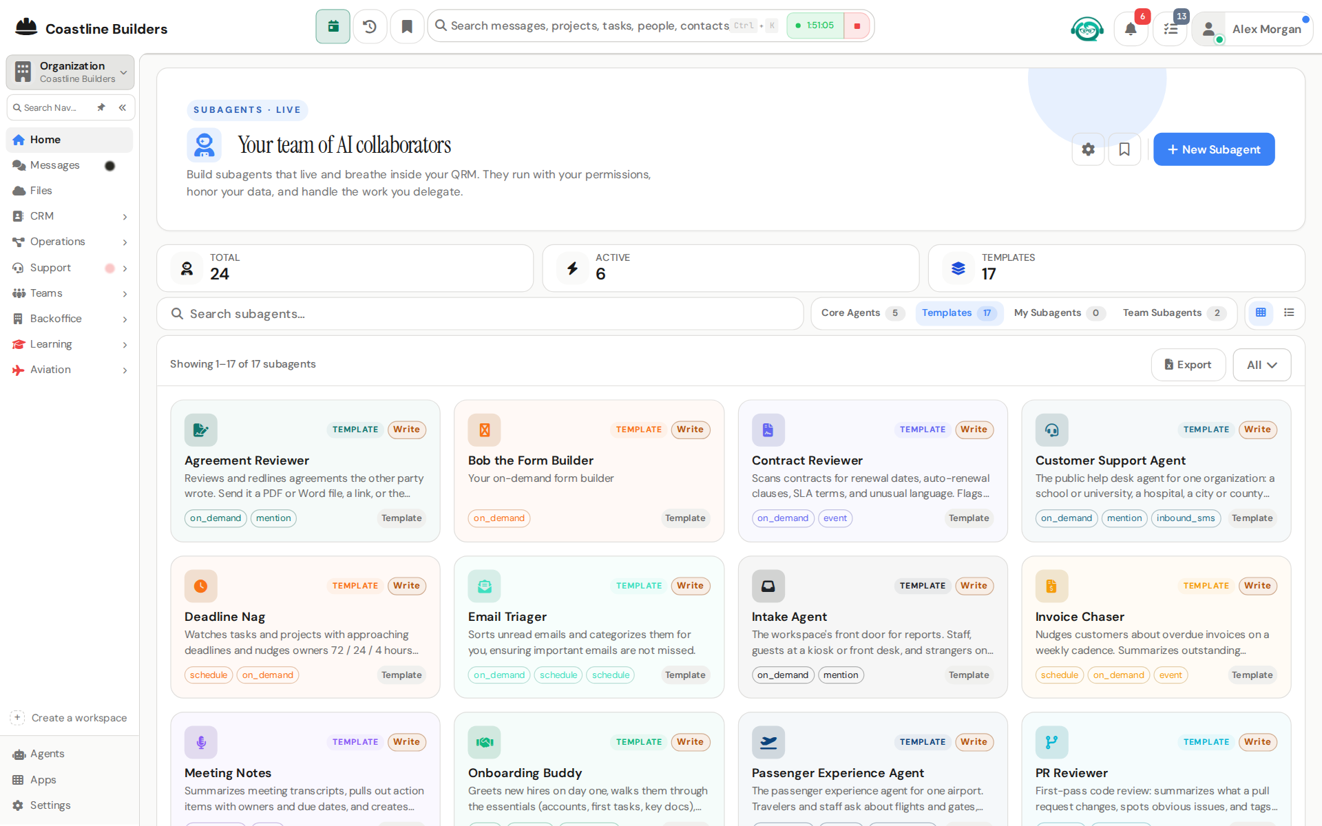 The QRM agent directory with core agents and subagent templates