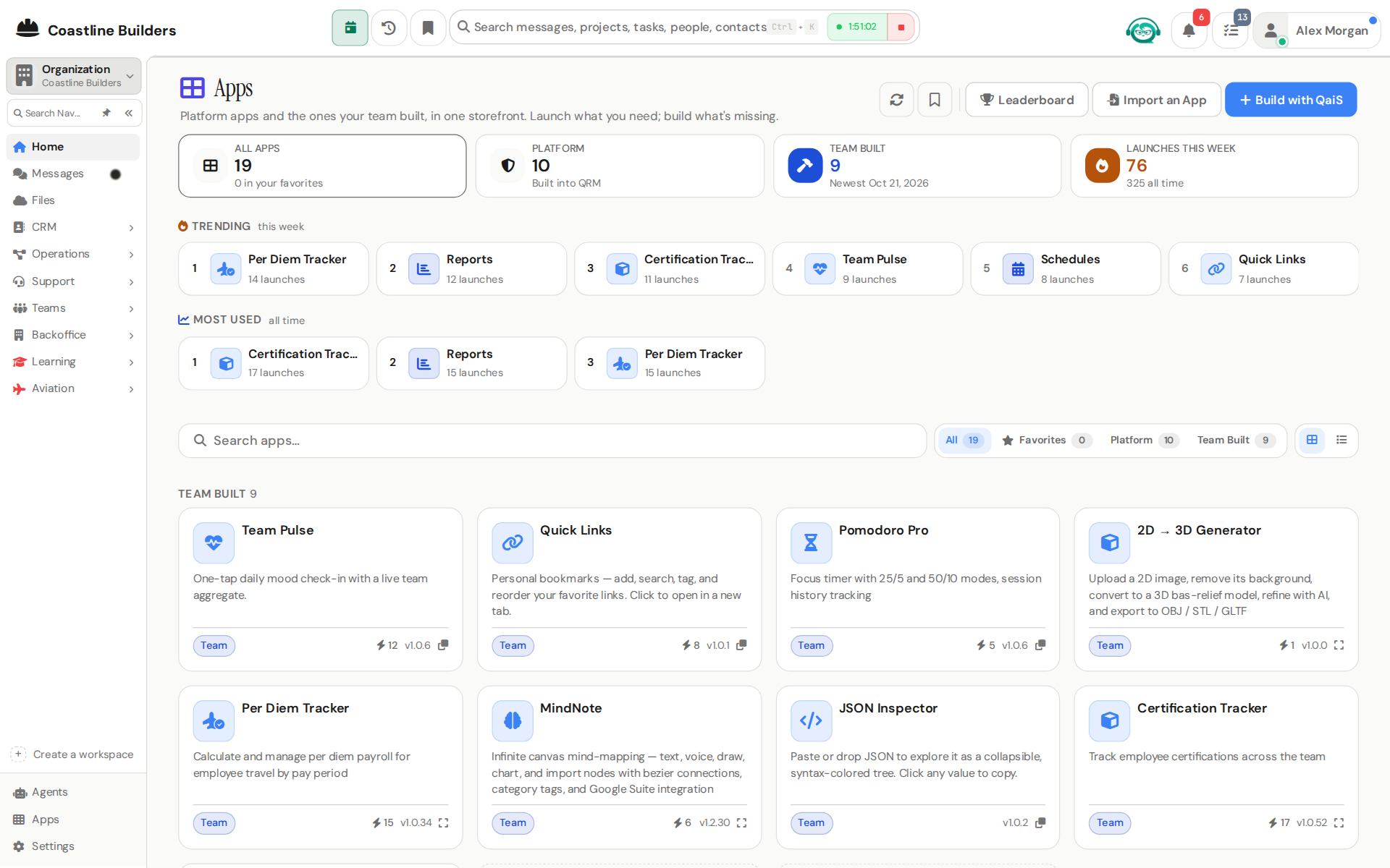 The QRM apps directory with team-built apps and Build with QaiS