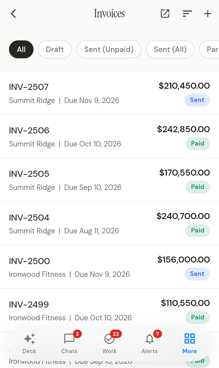 QRM finance on mobile: invoices, bills, expenses, and pending approvals