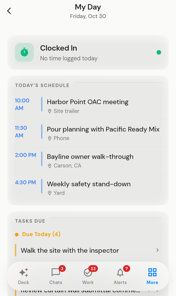 The QRM mobile app showing the My Day screen