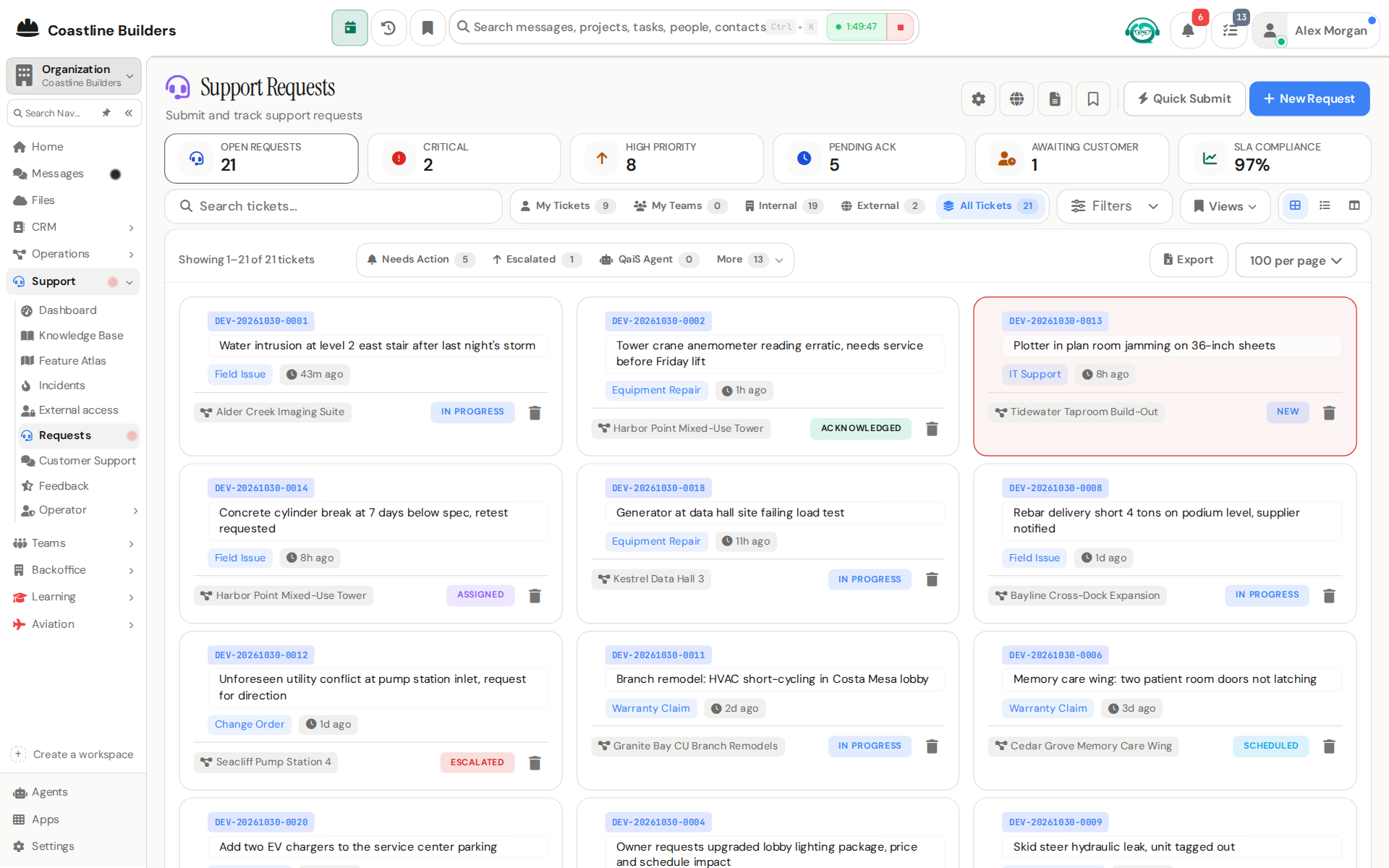QRM support requests with service metrics and a live incident banner